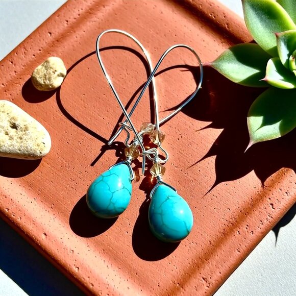 Handmade! Aqua Howlite & Crystal Dangle Earrings • Boho Beachy Spring Vibes - Picture 2 of 8